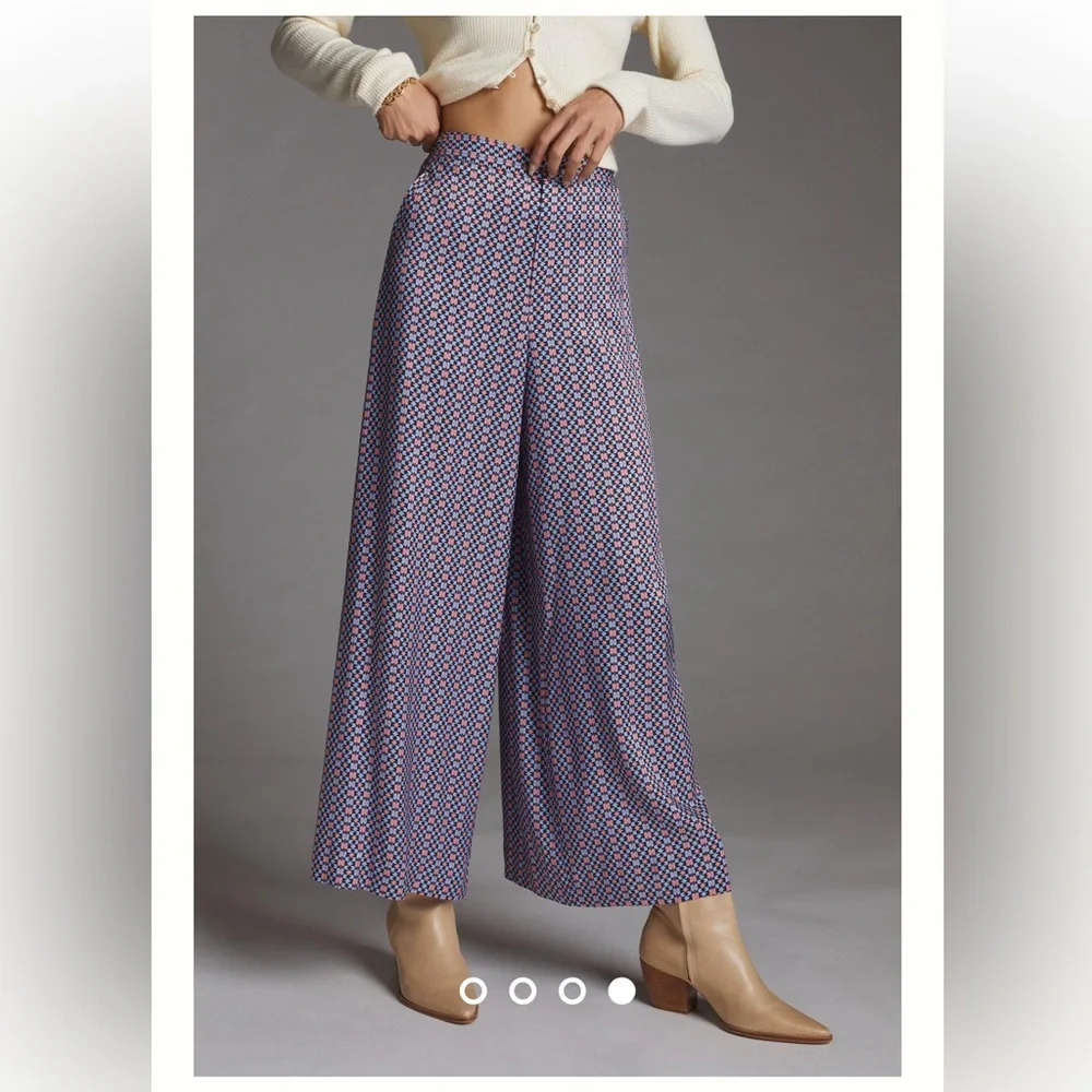Anthropologie Maeve Wide Leg Pants in light blue/pink pattern - Picture 3 of 9